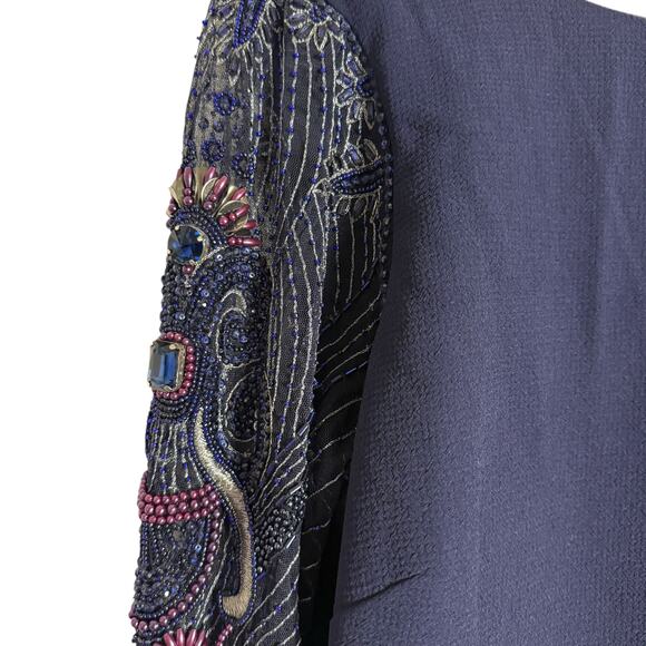 Badgley Mischka Navy Blue Beaded Long Sleeve Bateau Neck Train Gown Size 12 - Picture 9 of 16